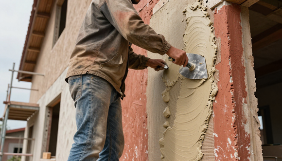 Worker coating a damaged exterior corner with stucco during stucco service in Paradise, NV
