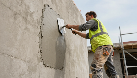 Worker repairing a marked stucco wall patch during stucco service in Paradise, NV