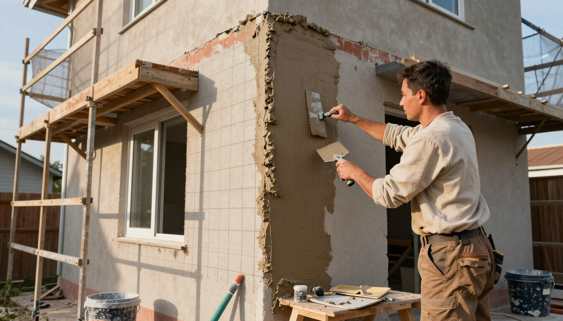 Worker applying stucco to a building corner during stucco service in Paradise, NV