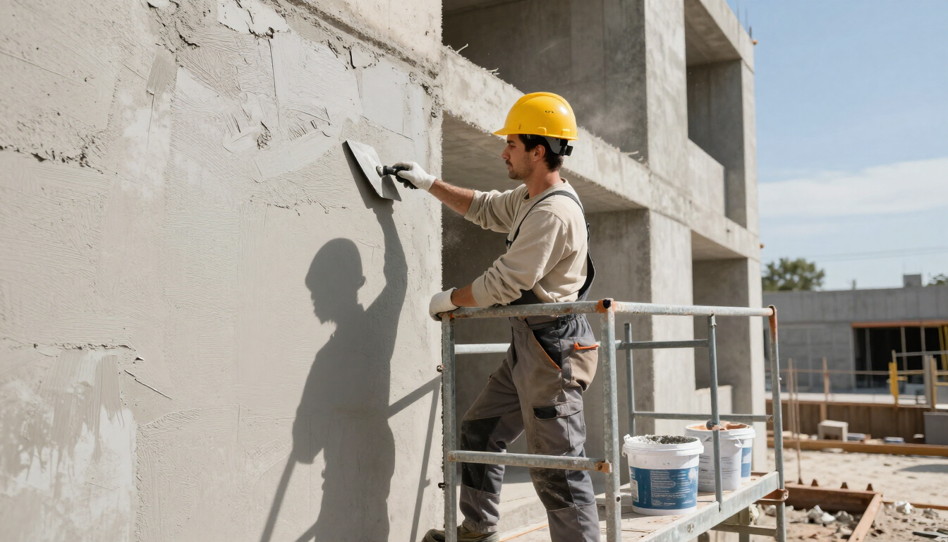 Worker applying stucco to an exterior wall in Paradise, NV