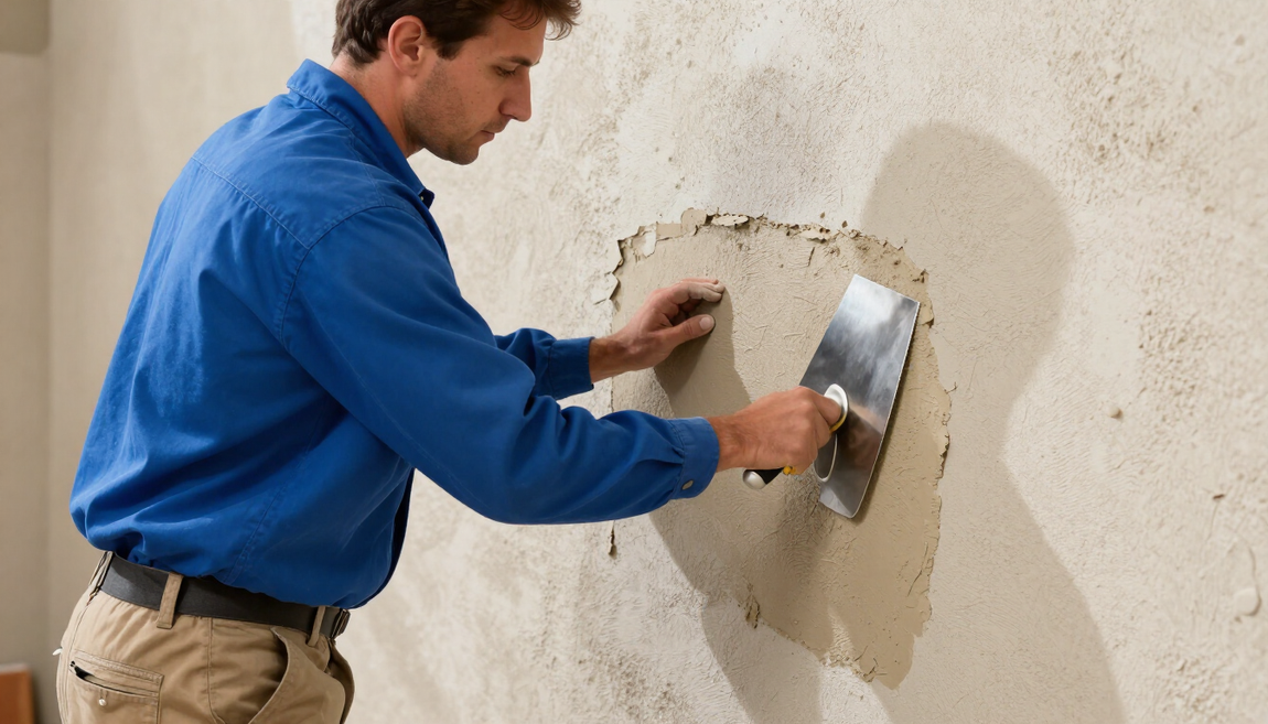 Worker patching damaged stucco with a trowel during stucco service in Paradise, NV