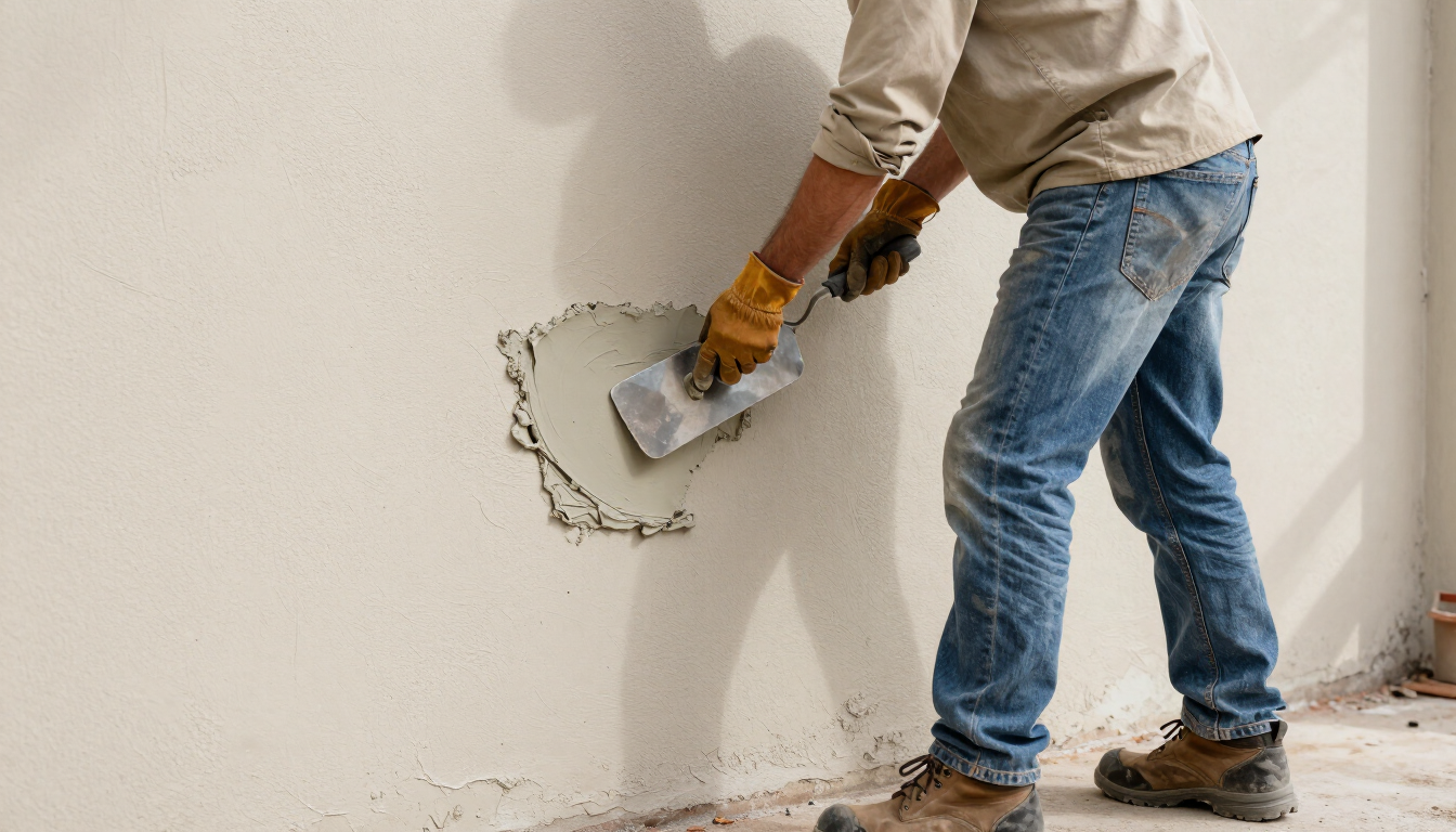 Worker smoothing a stucco patch on an exterior wall during stucco service in Paradise, NV