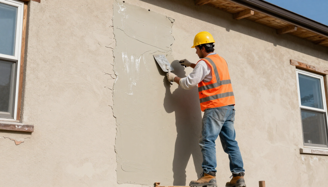 Worker applying stucco patching material to a cracked wall during stucco service in Paradise, NV