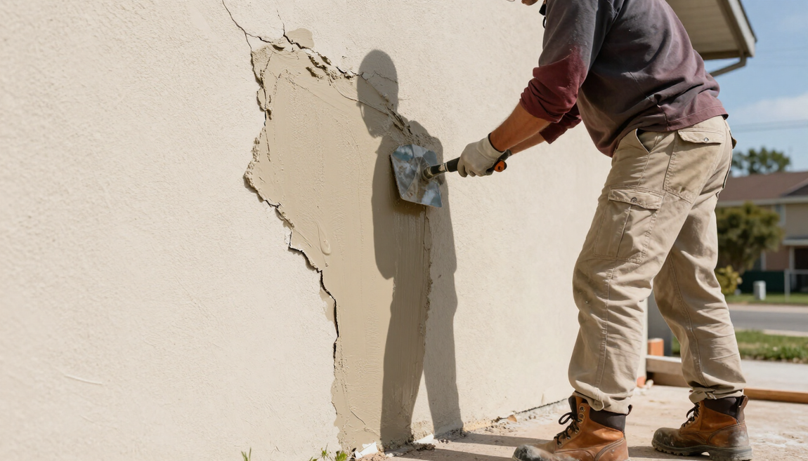 Worker repairing cracked stucco on an exterior wall during stucco service in Paradise, NV