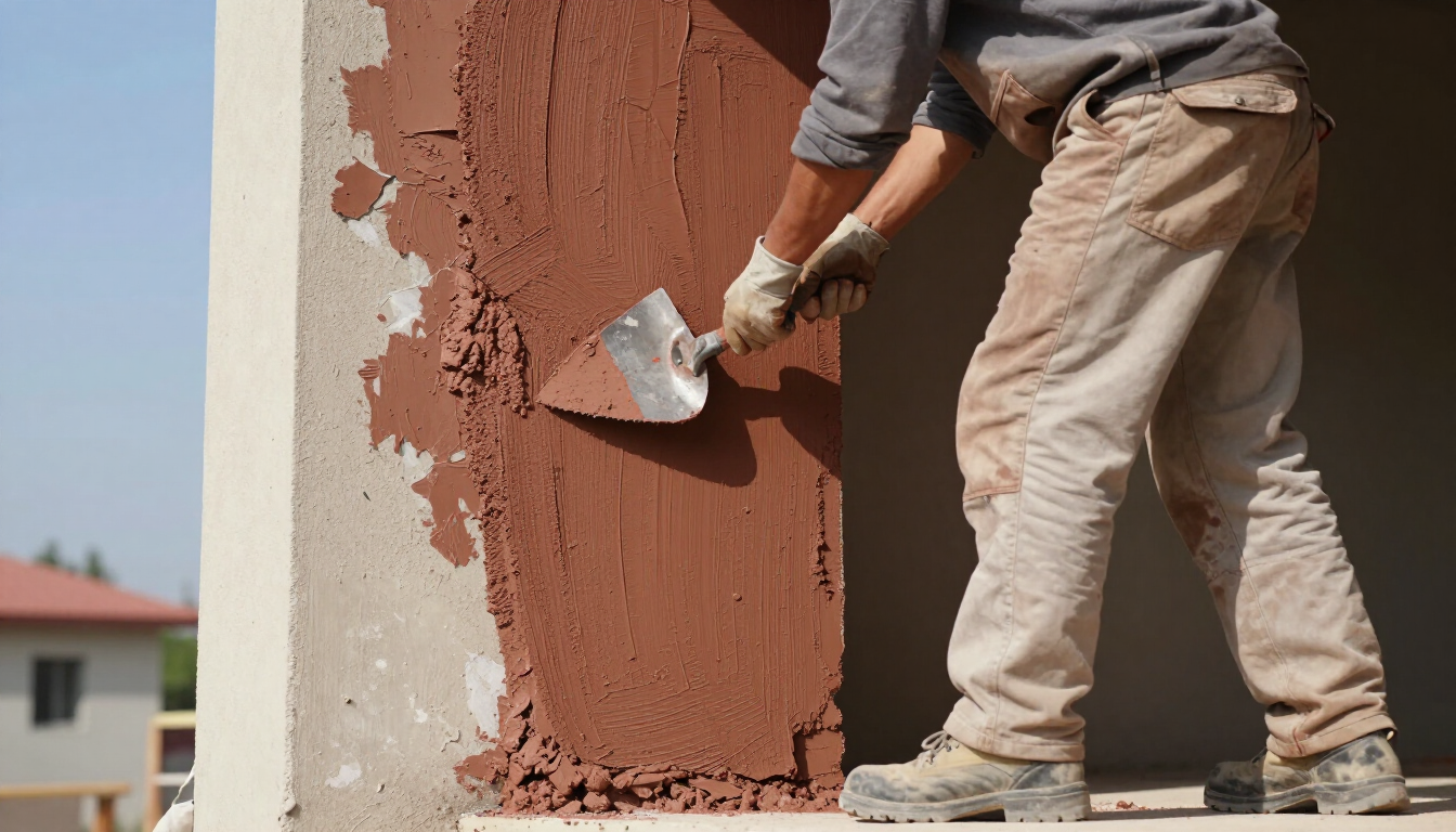 Worker applying brown stucco repair material during stucco service in Paradise, NV