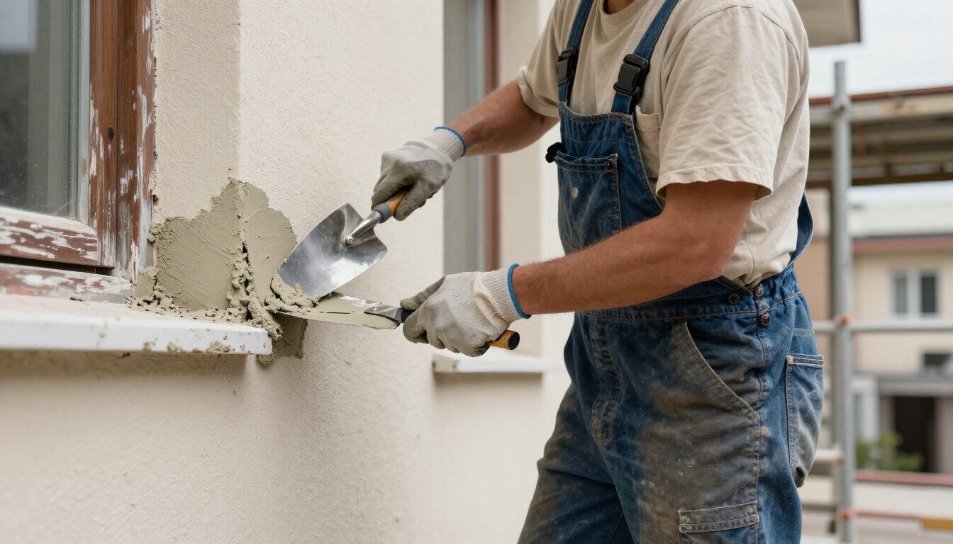 Worker repairing stucco around an exterior window during stucco service in Paradise, NV