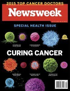 Newsweek cover on curing cancer, with colorful cell-like graphics on a black background