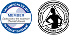 Blue membership and circular black-and-white emblem logos side by side on a white background