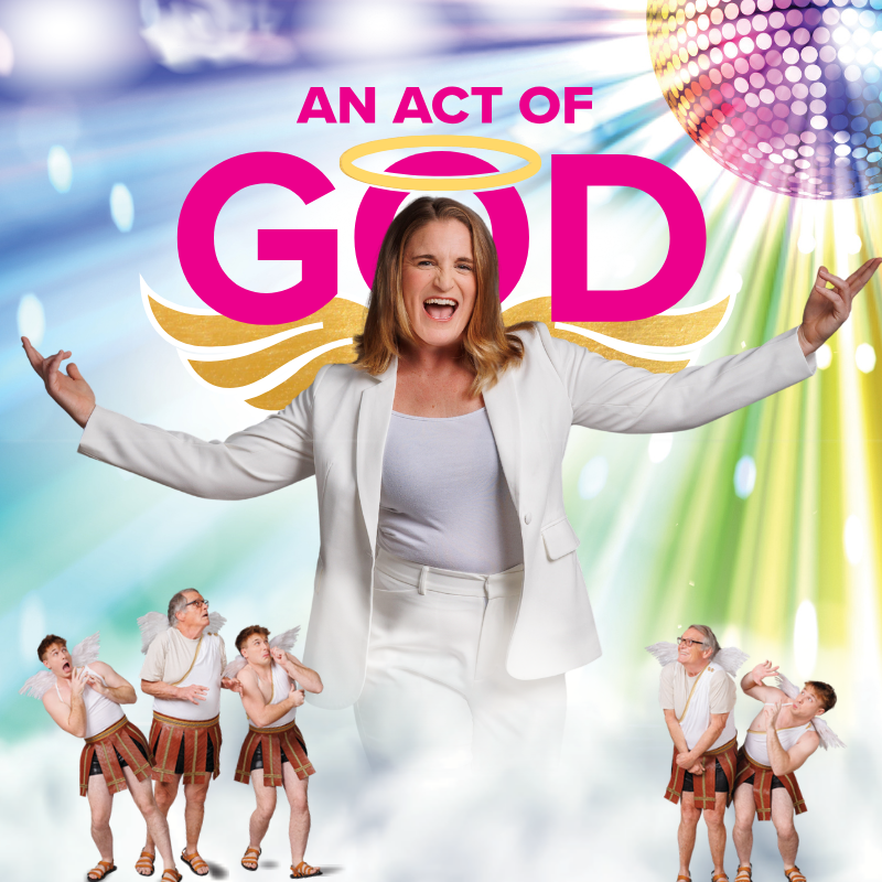 A woman in white, arms raised, surrounded by disco lights with small angels below with the words An Act of God.