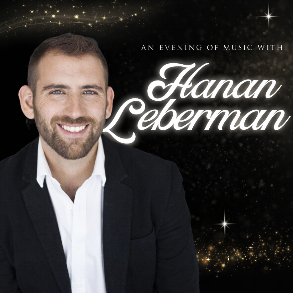 Man in a black suit smiling next to text An evening of music with Hanan Leberman on a star-speckled background.
