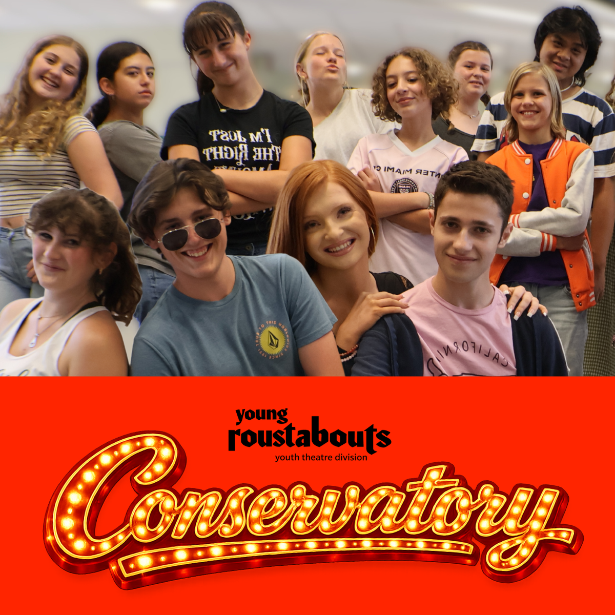 Group of teens posing, smiling in front above a red background with the word Conservatory in marquee lights.