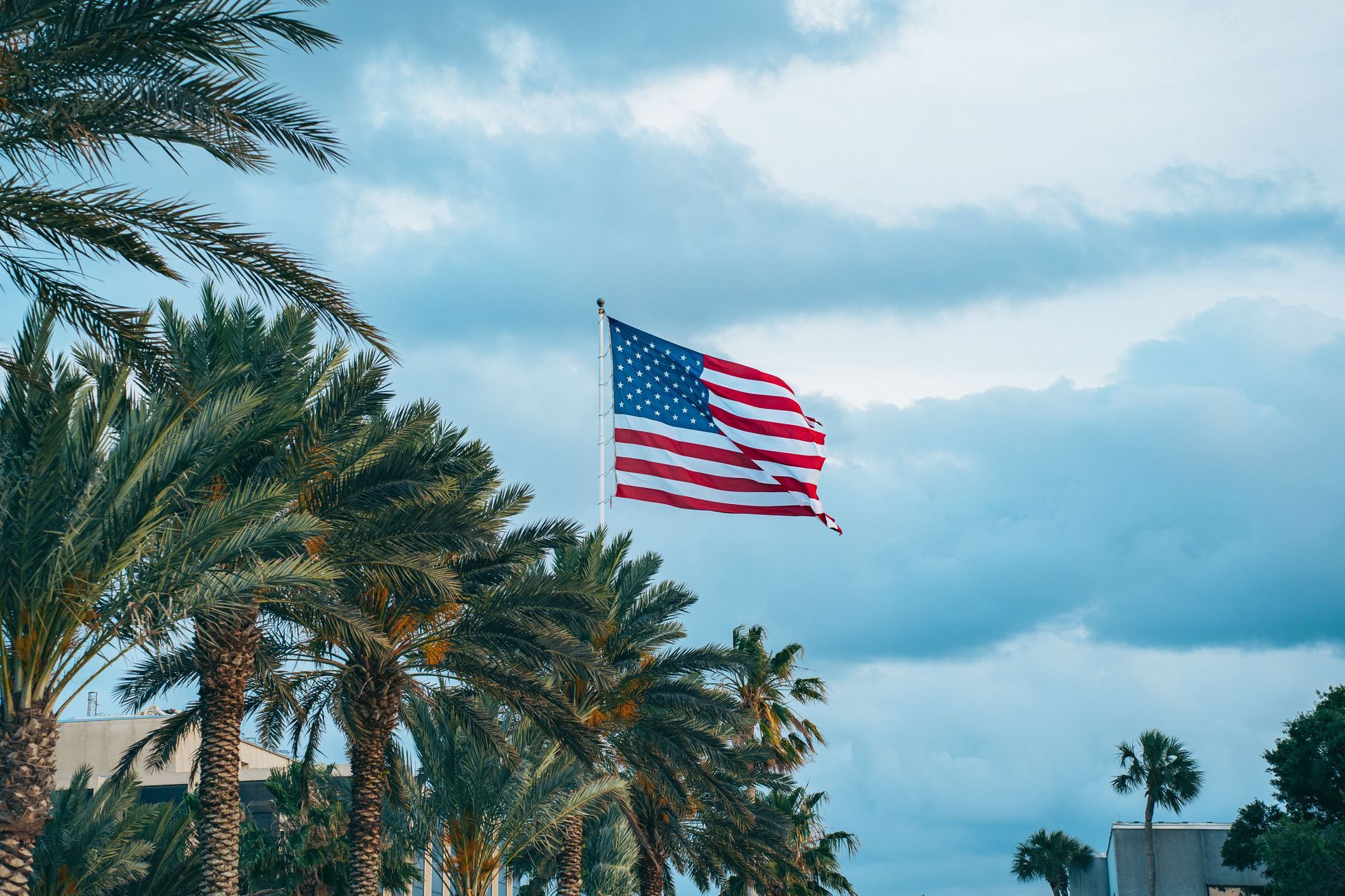 American flag waving above palm trees against a blue sky