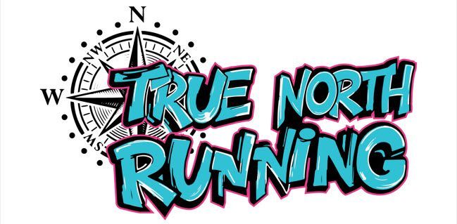 Logo for True North Running featuring a compass rose and graffiti-style text in blue and black.