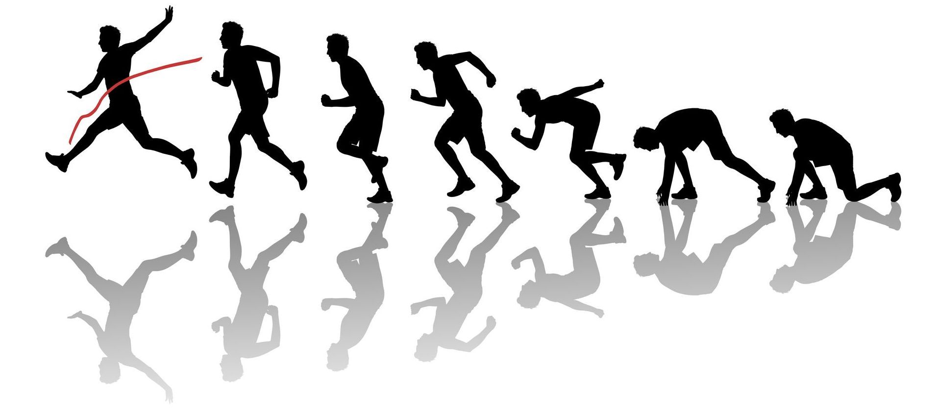 Sequence of a runner from starting crouch to crossing the finish line, silhouetted with reflections on a white background.