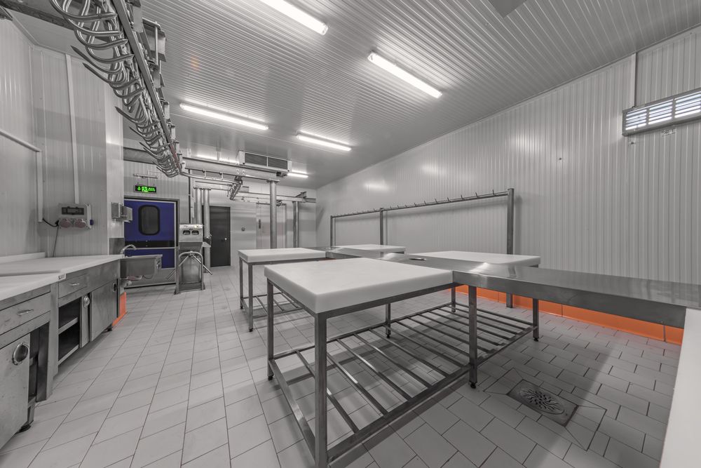 Cold Meat Processing Room With Stainless Steel Tables, Lighting, and Hanging Meat Hooks — SealTite in Tweed Heads, NSW