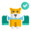 Cartoon dog reading a document with a checkmark badge beside it