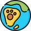 Blue circular icon with a yellow/orange paw print and small green accent ribbon inside