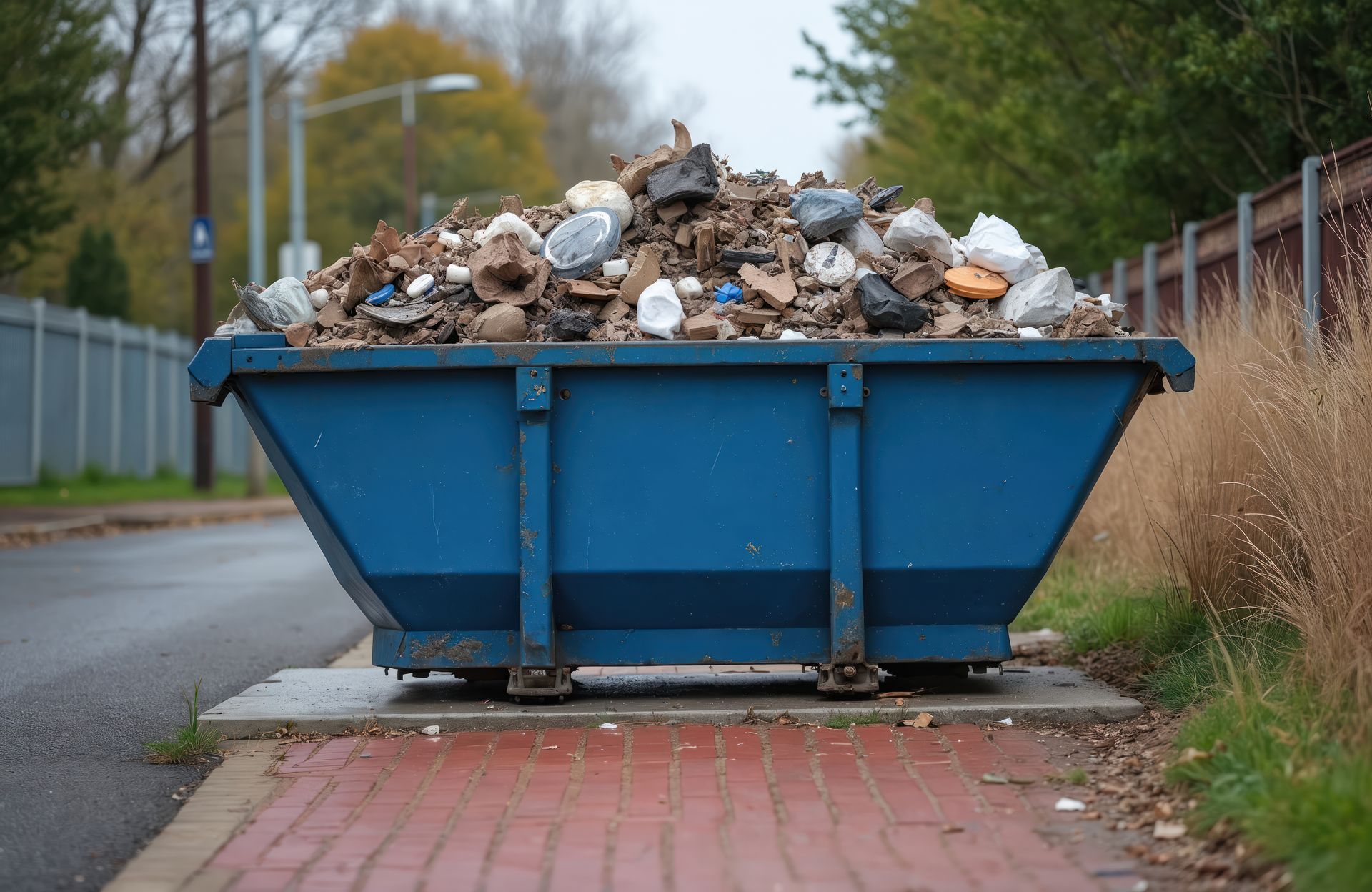A blue bin filled with debris from a residential dumpster rental service on a suburban street. A blue bin filled with debris from a residential dumpster rental service on a suburban street.