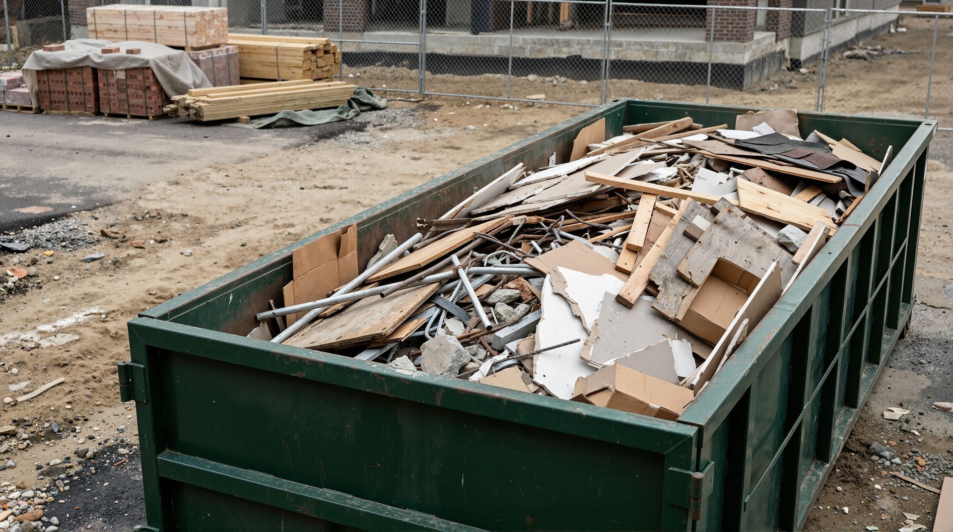 Commercial truck dropping off a green container dumpster rental filled with waste.