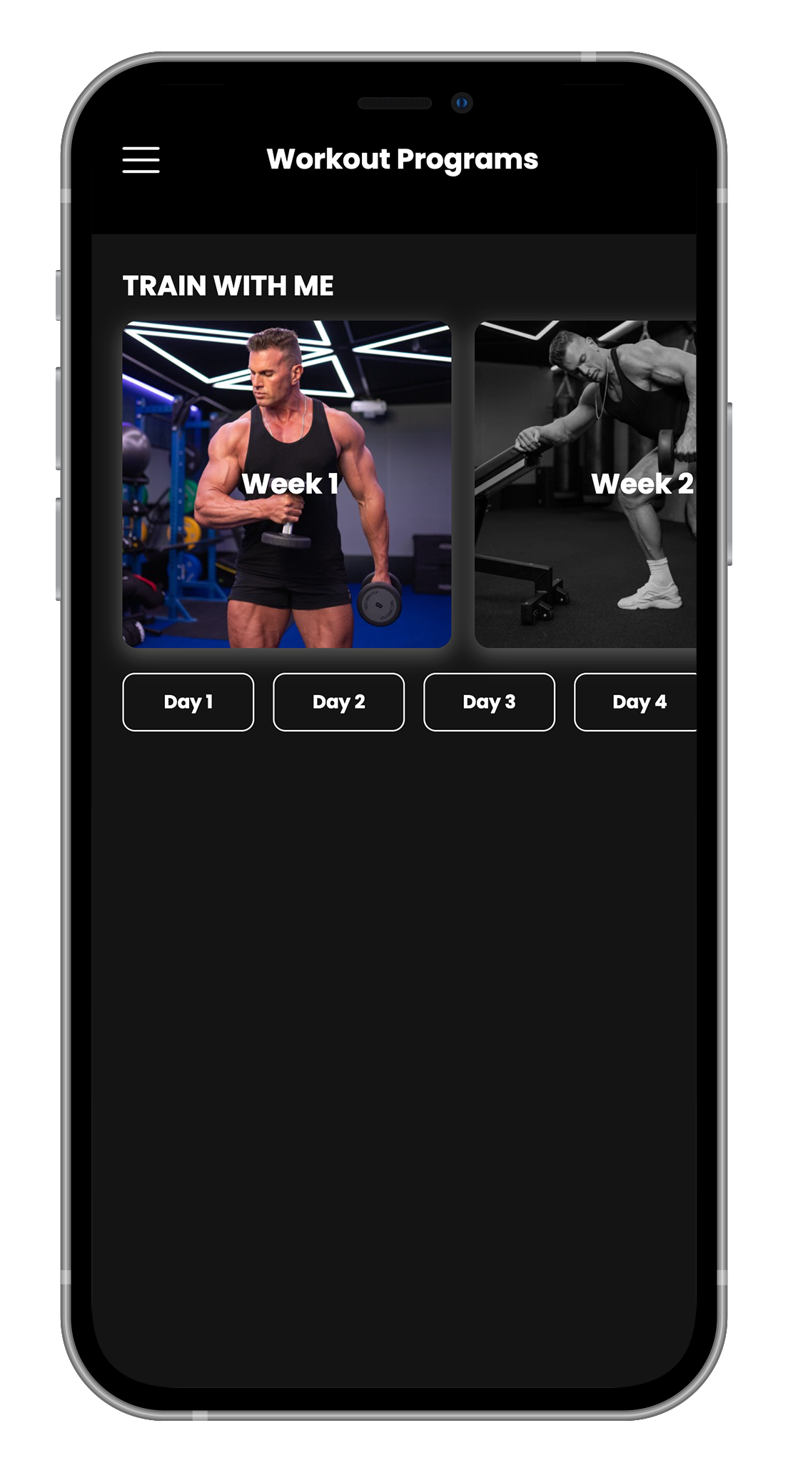 A smartphone screen displaying a workout program app.  The app shows two workout program options, featuring men in athletic gear, with labels such as "Week 1".