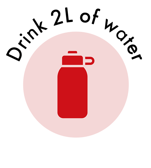 A red bottle with the words `` drink 2l of water '' around it.