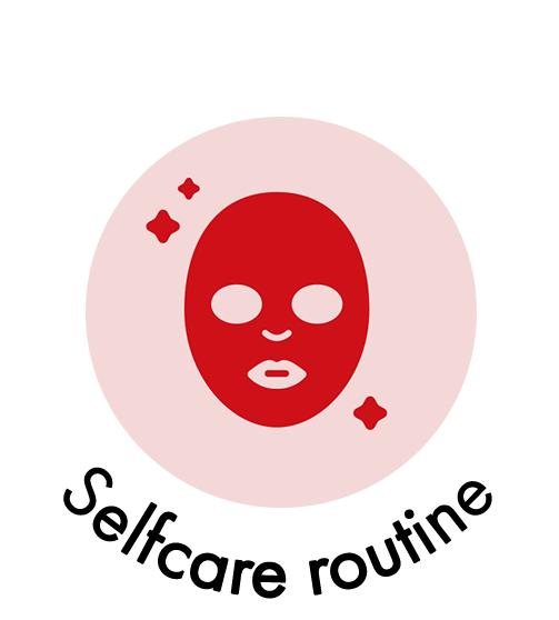 A logo for a self care routine with a red mask on a pink background.