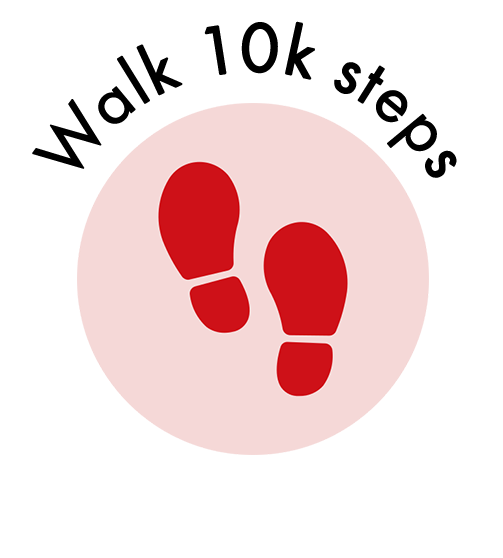 A pink circle with red footprints and the words walk 10k steps