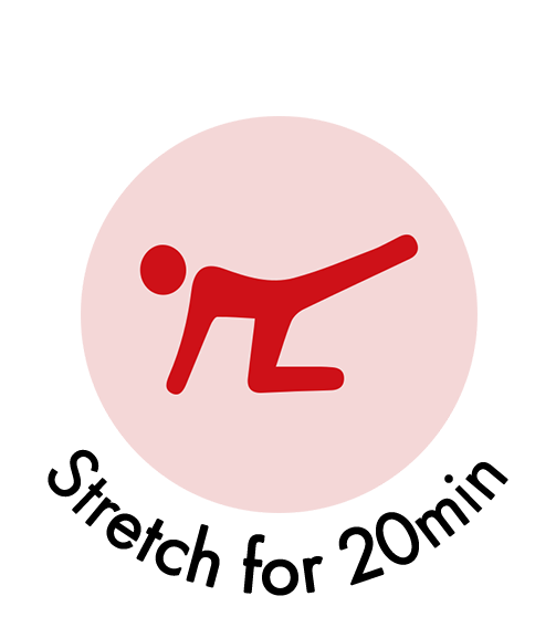 A person is stretching for 20 minutes in a pink circle.