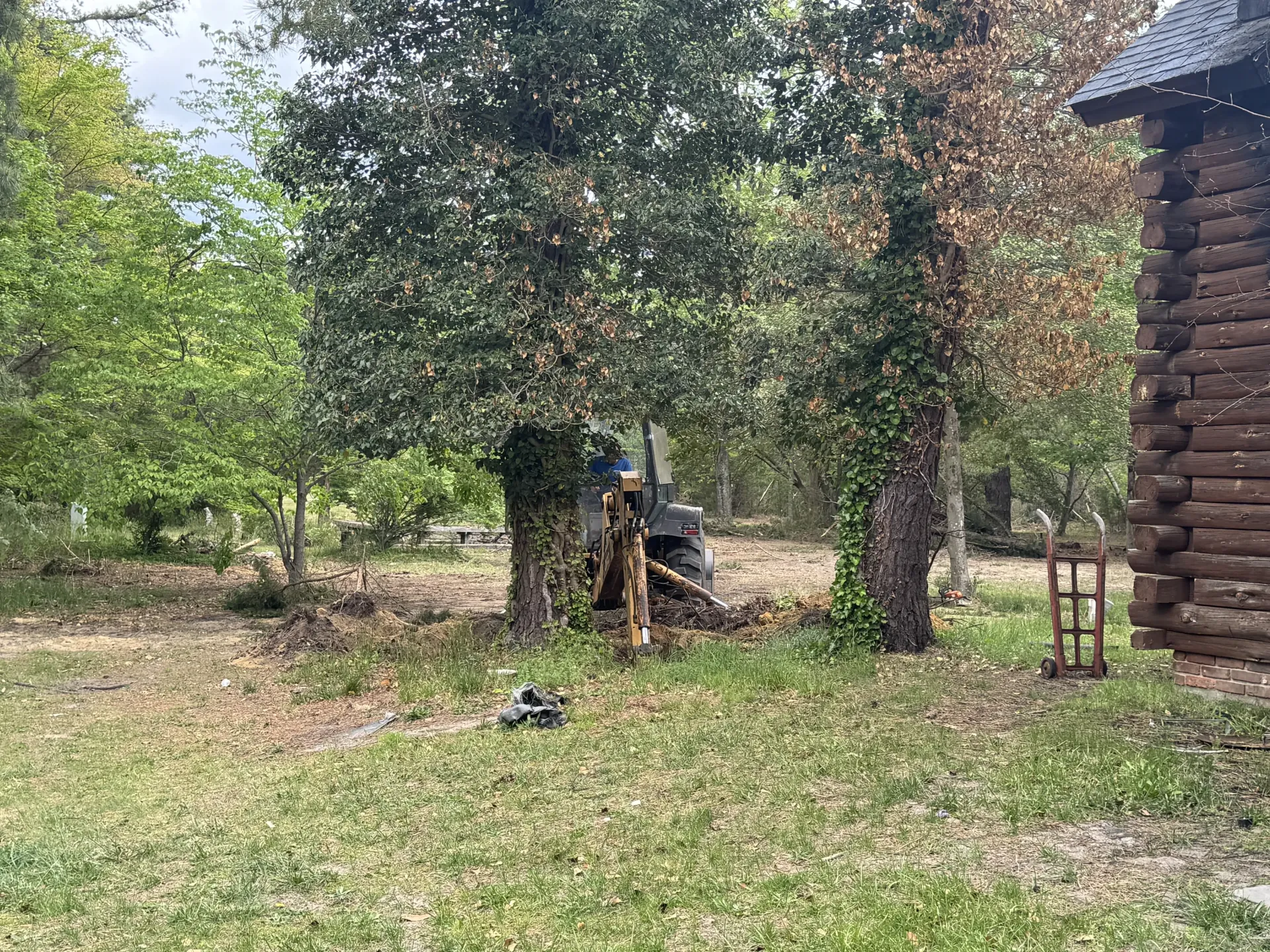 Person working among trees beside a rustic brick building in a grassy yard