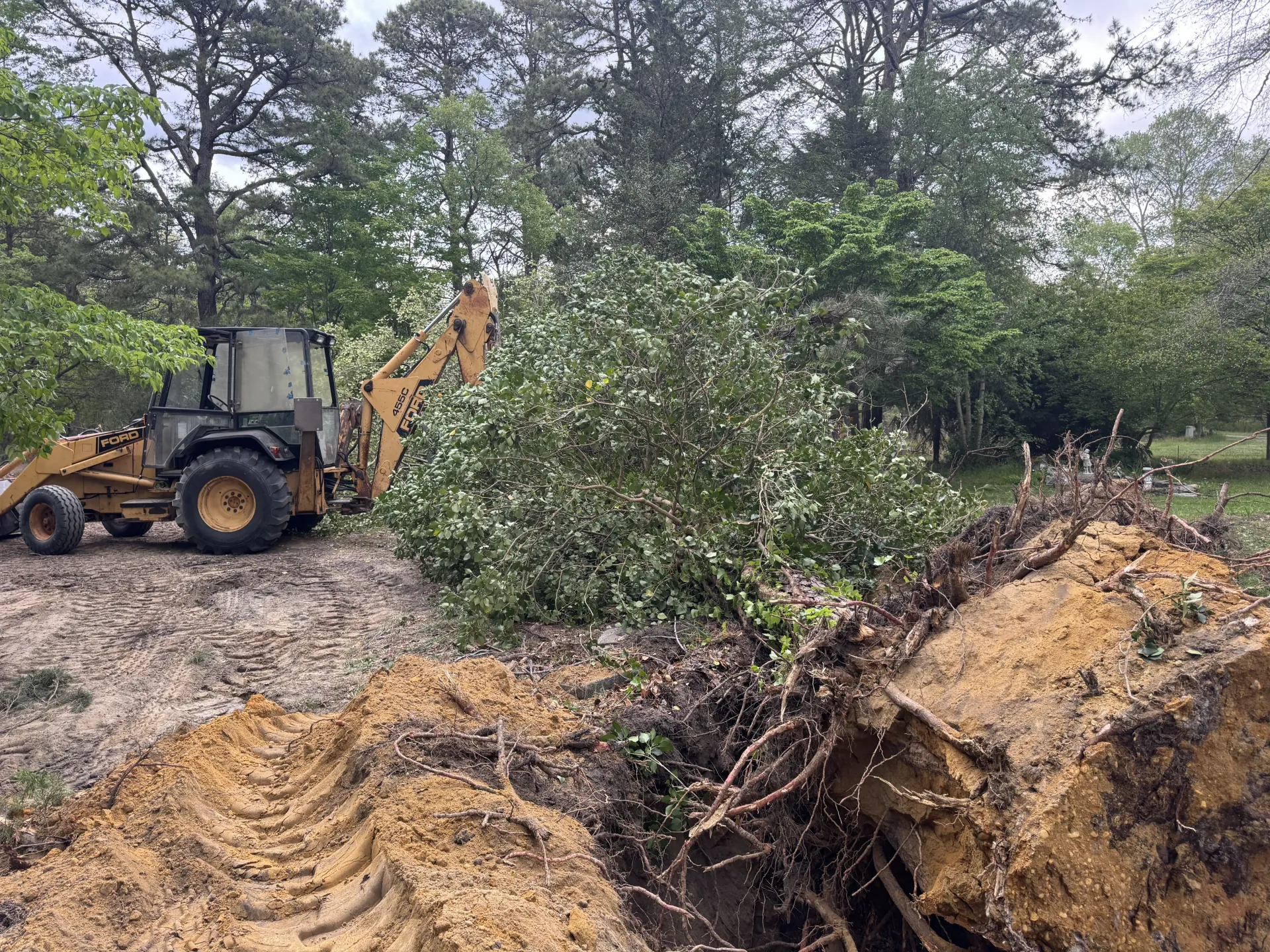 Backhoe digging a dirt mound in a wooded construction area