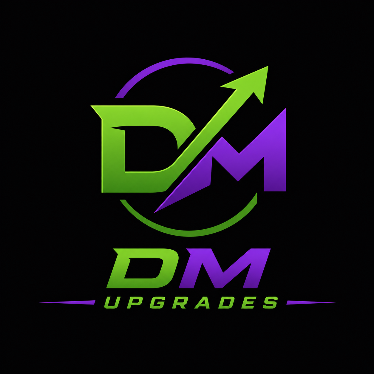 Black background with a green and purple DM Upgrades logo and upward arrow.