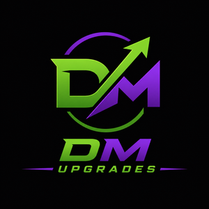 Black background with a green and purple DM Upgrades logo and upward arrow.