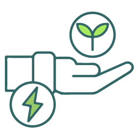 ESG and Green Energy: An icon of a hand holding a lightning bolt and a plant.