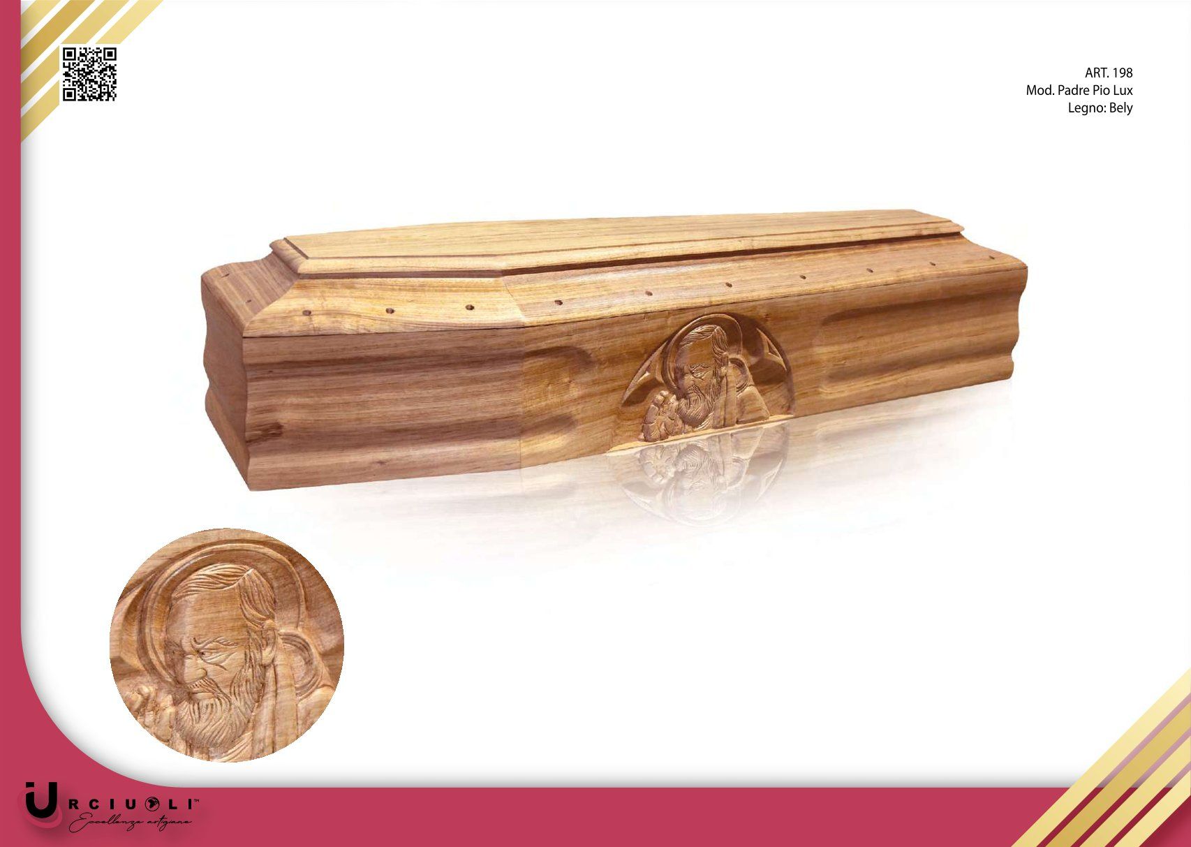 Bara in legno su sfondo bianco con sigillo circolare incastonato e decorazioni angolari.