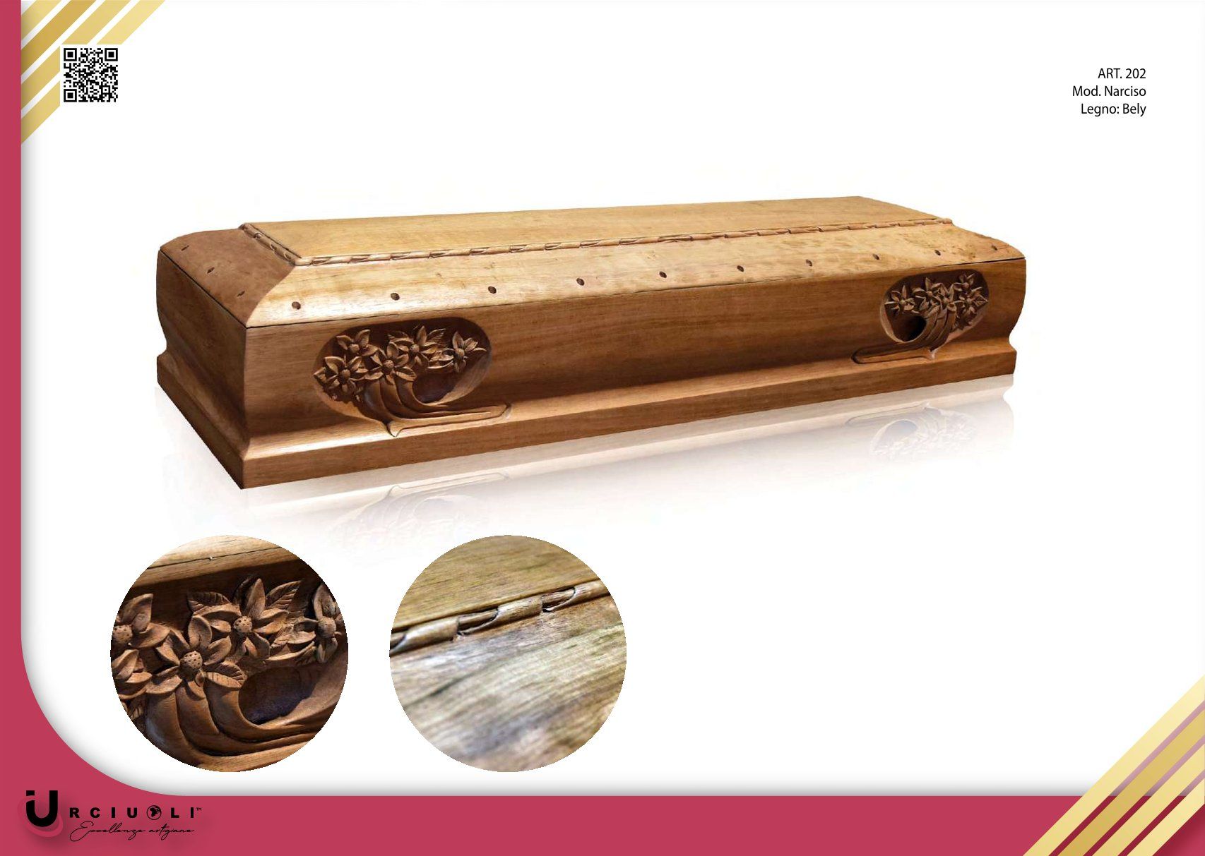 Bara in legno intagliato con motivi floreali decorativi su sfondo bianco, con due primi piani di dettaglio.