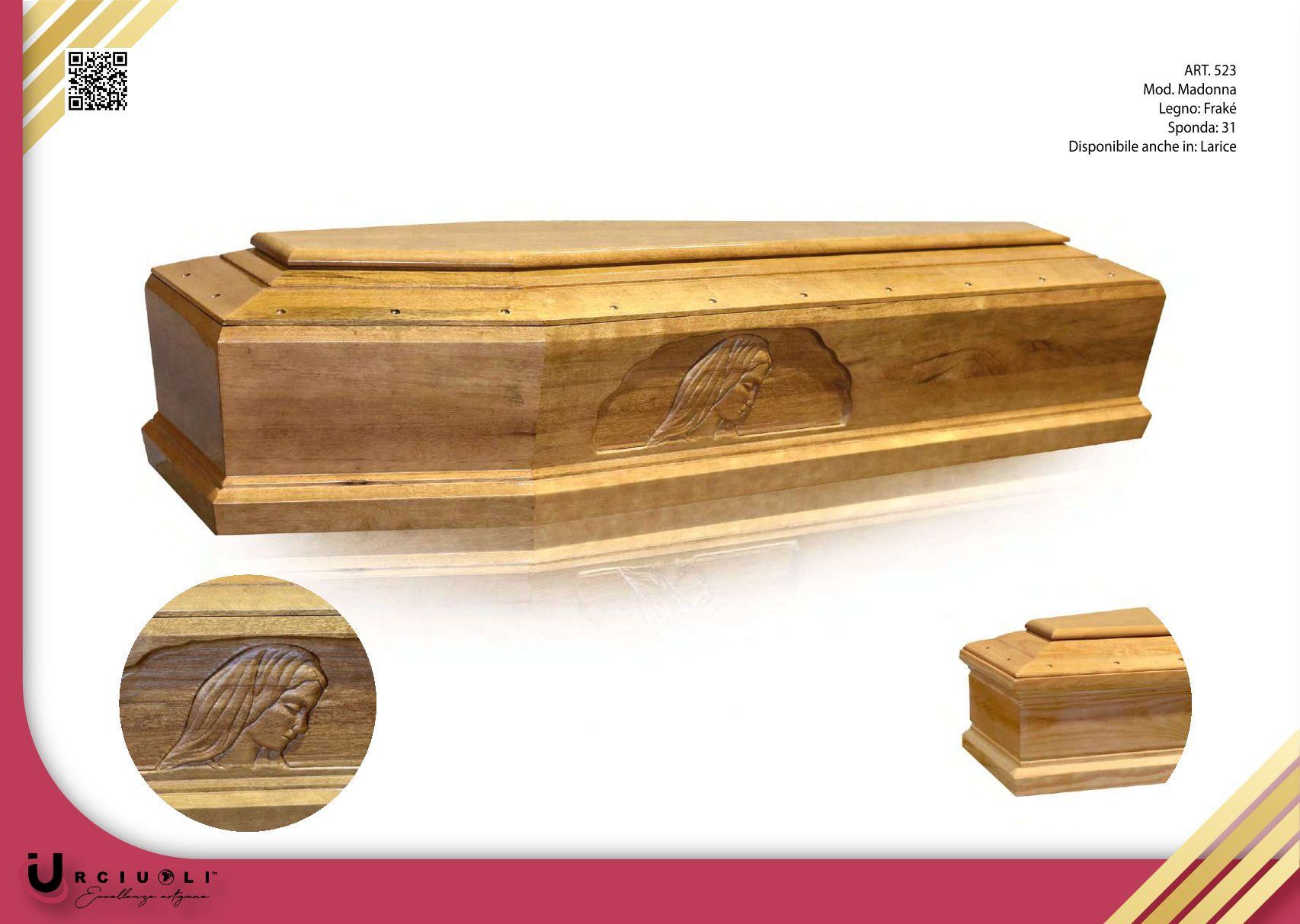 Bara di legno su sfondo bianco con piccoli inserti che mostrano in dettaglio le sculture.