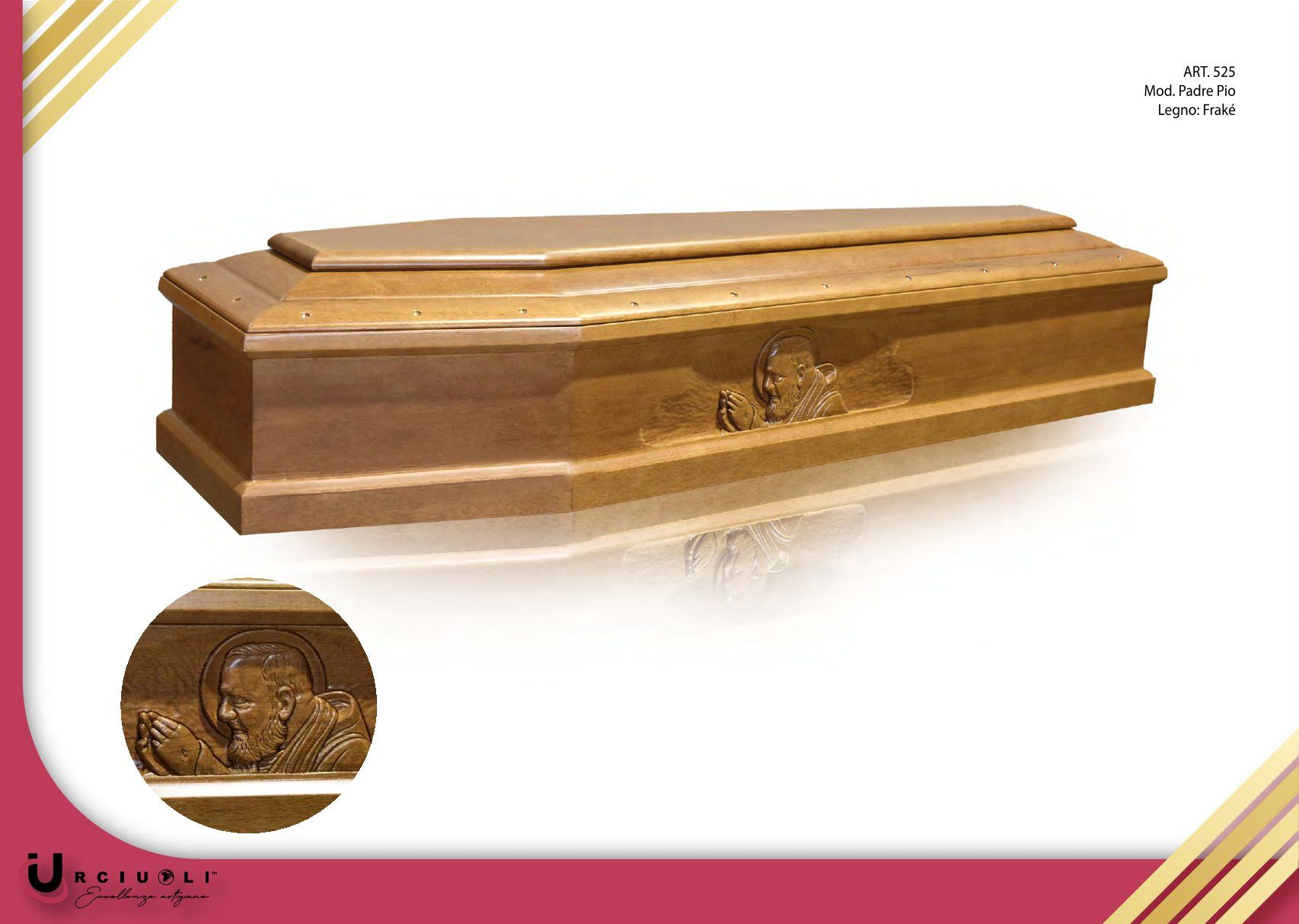 Bara in legno con dettagli dorati e un primo piano dell'emblema su sfondo bianco.