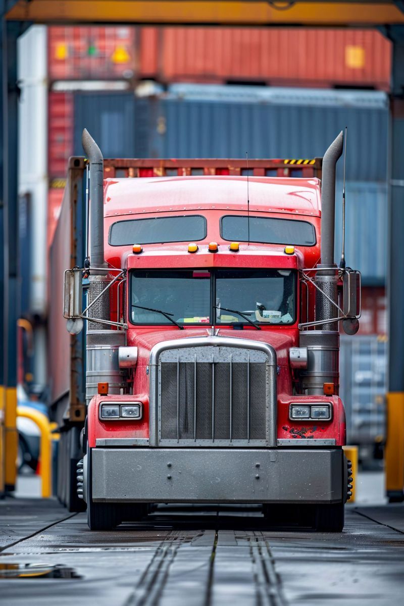 A man is driving a forklift in front of a building.