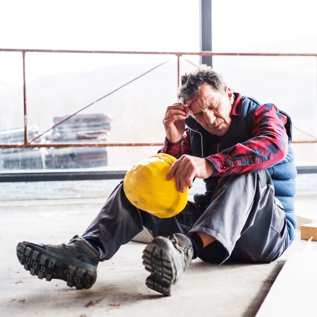 Construction worker sitting on floor, holding yellow hard hat and rubbing his head in a worksite.