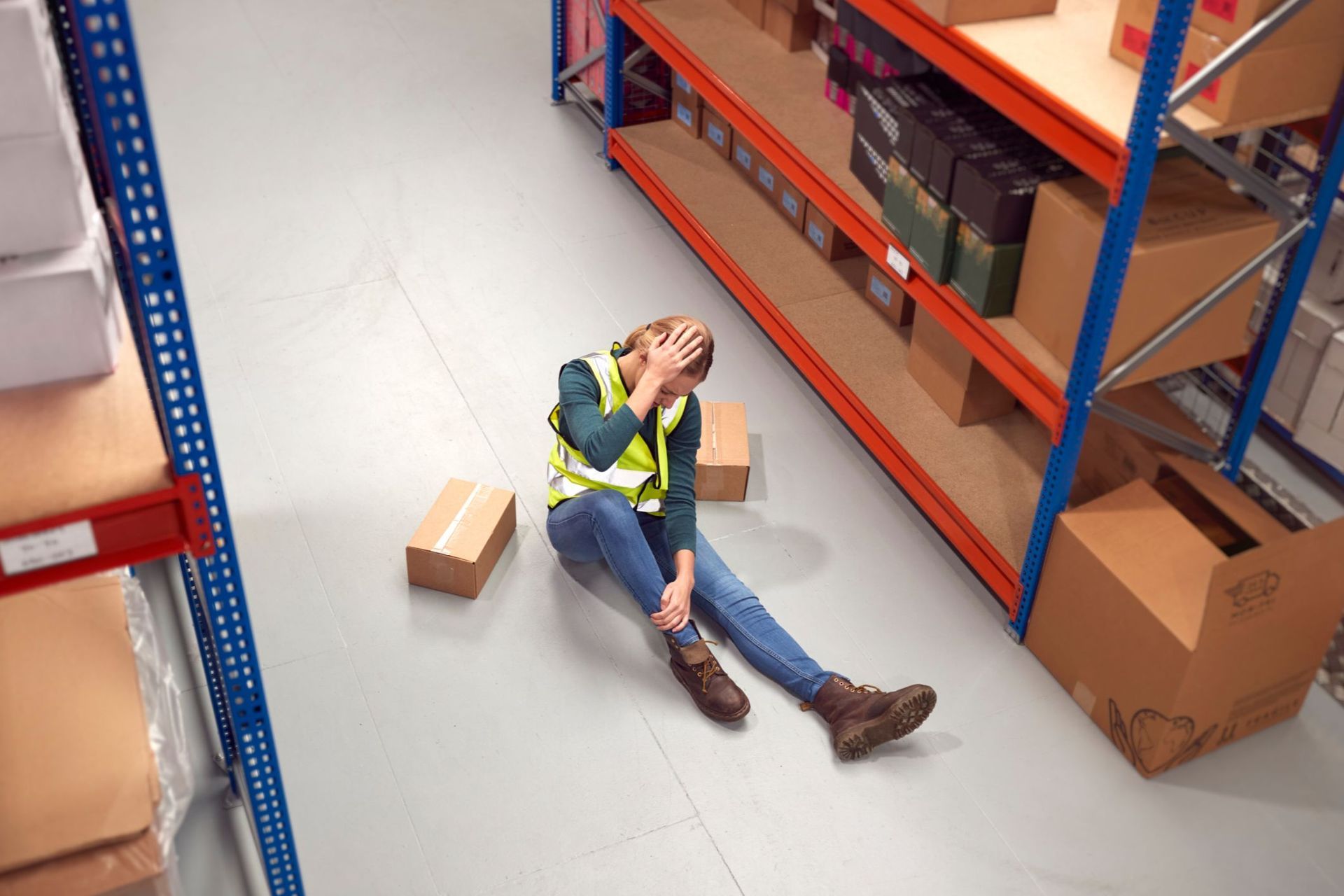 Worker sitting on warehouse floor beside shelves, holding head near a small fallen box