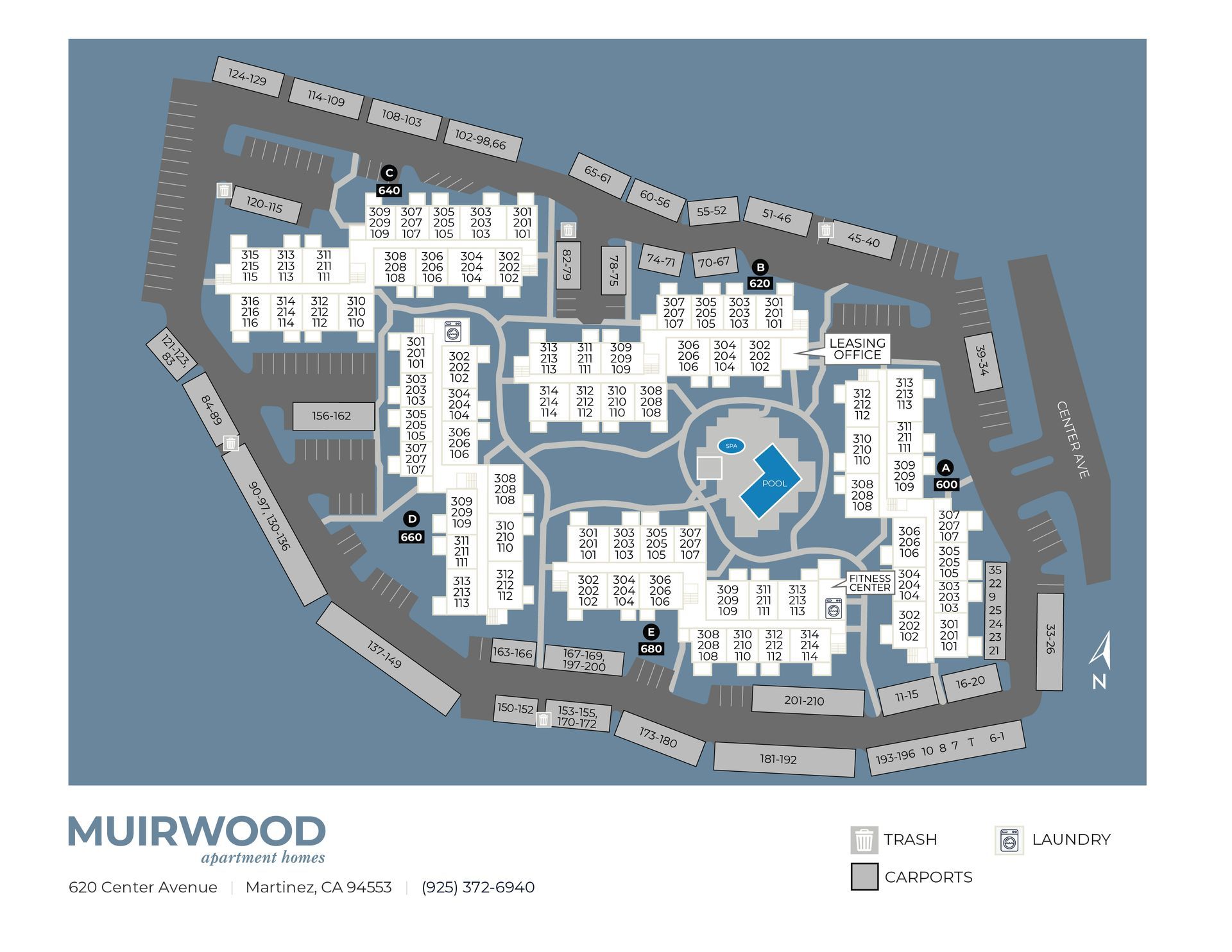 Map of Muirwood apartment complex with buildings, roads, and a central pool in blue.