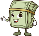 Cartoon stack of dollar bills smiling and waving, with arms and legs on a white background