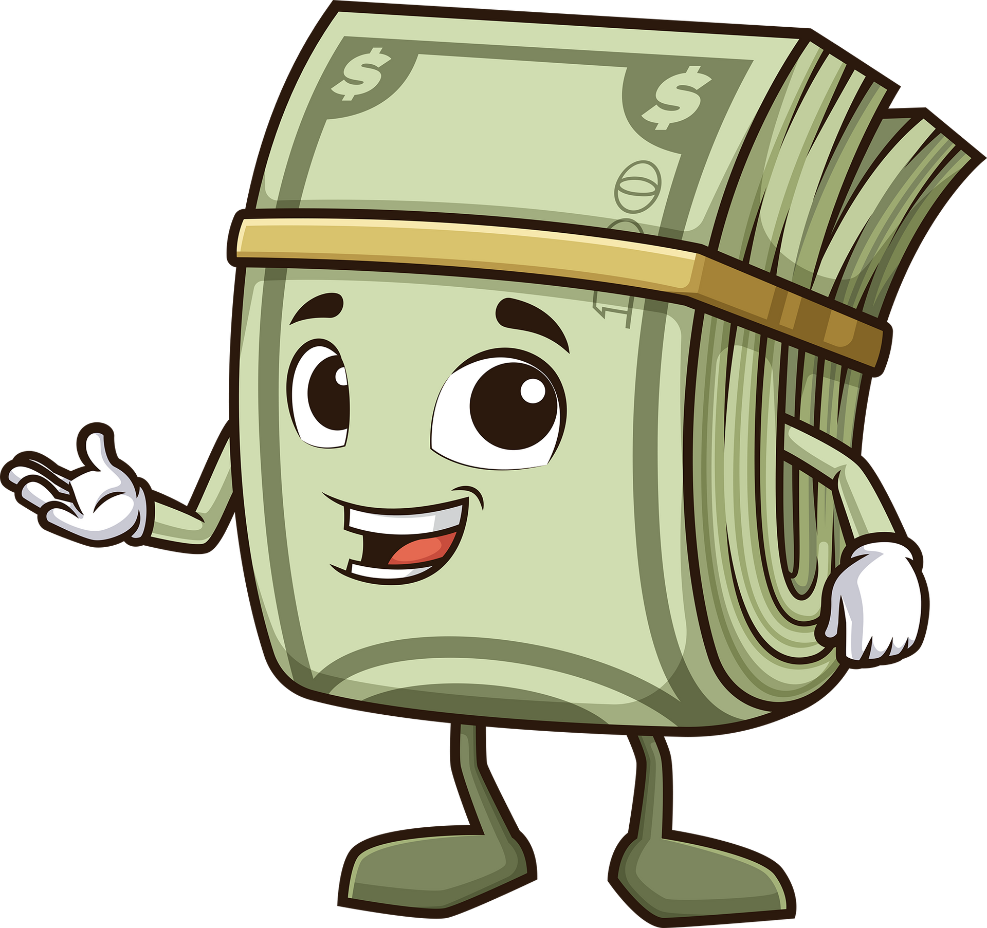Cartoon stack of dollar bills smiling and waving, with arms and legs on a white background