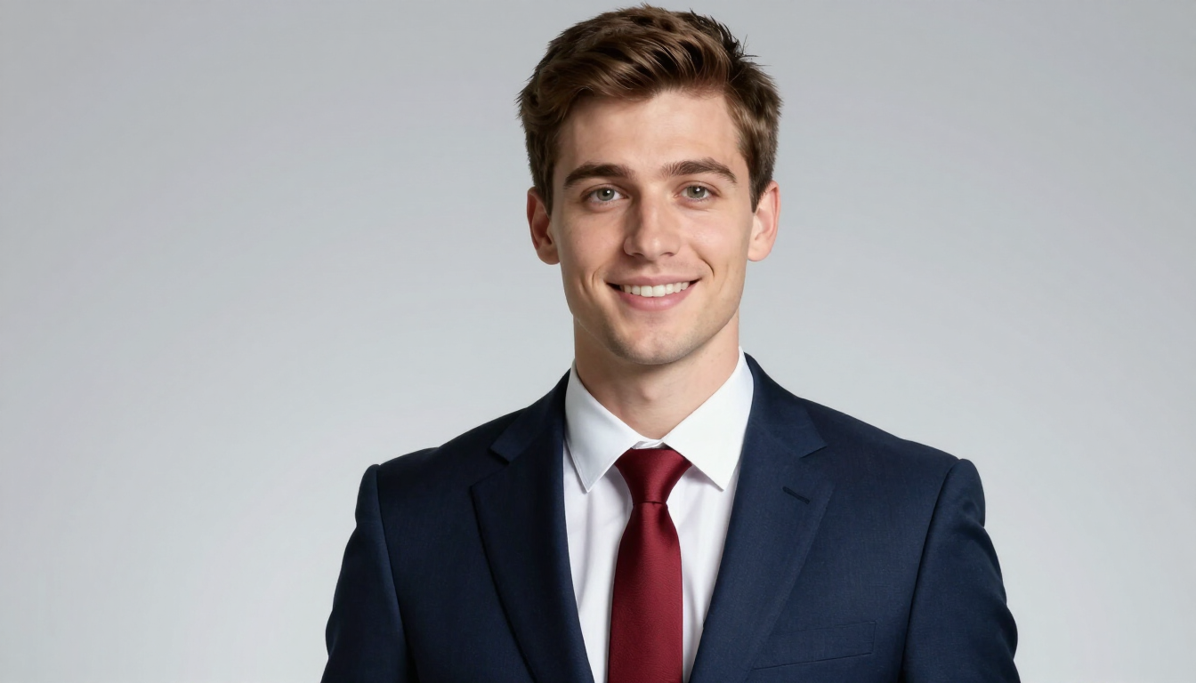Smiling man in a navy suit and red tie against a light gray background