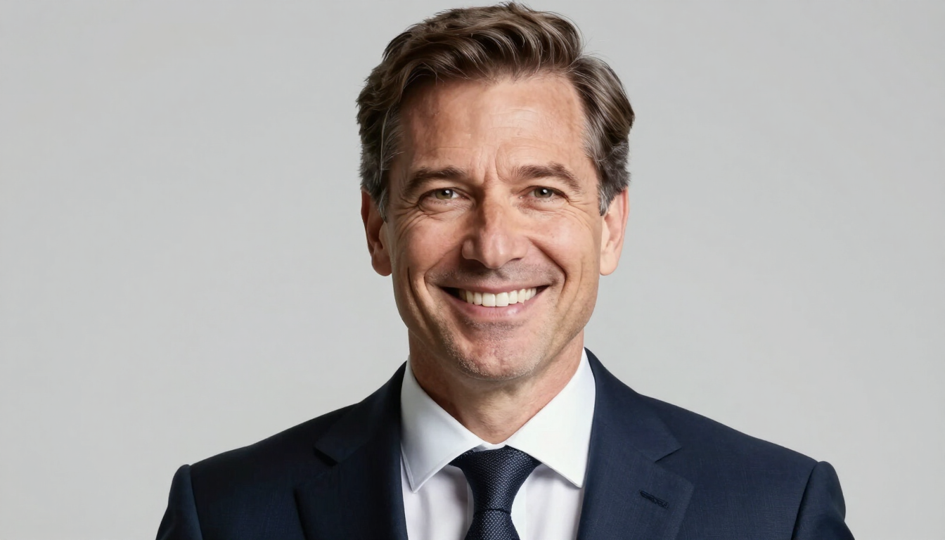 Smiling man in a dark suit and tie against a light gray background