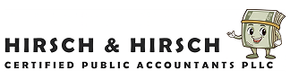Hirsch & Hirsch Certified Public Accountants PLLC logo with a cartoon stack of dollar bills smiling and waving