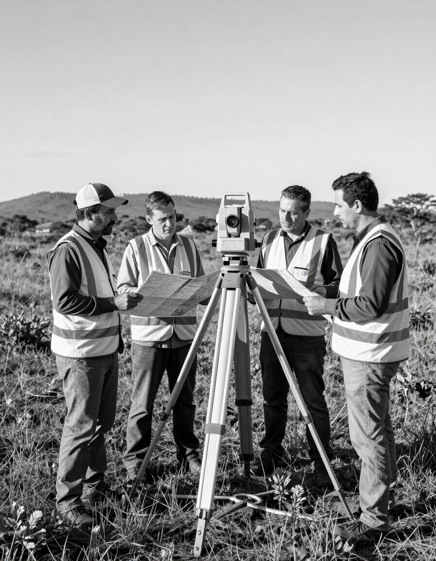 Equipe de topografia em campo com tripé e estação total