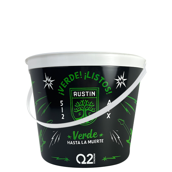 Black bucket with white rim and handle; green text: "VERDE! ¡LISTOS!" and "Verde HASTA LA MUERTE." Austin FC logo.