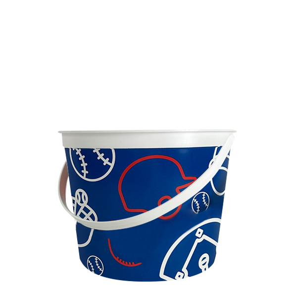 Blue bucket with baseball graphics and white handle.