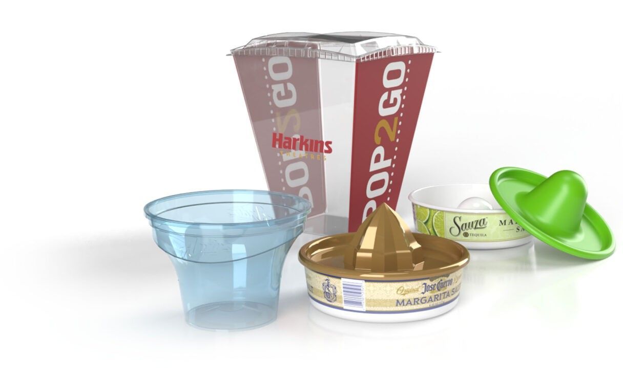 Assorted popcorn containers and snack dishes, including a Harkins Pop2Go bucket, blue cup
